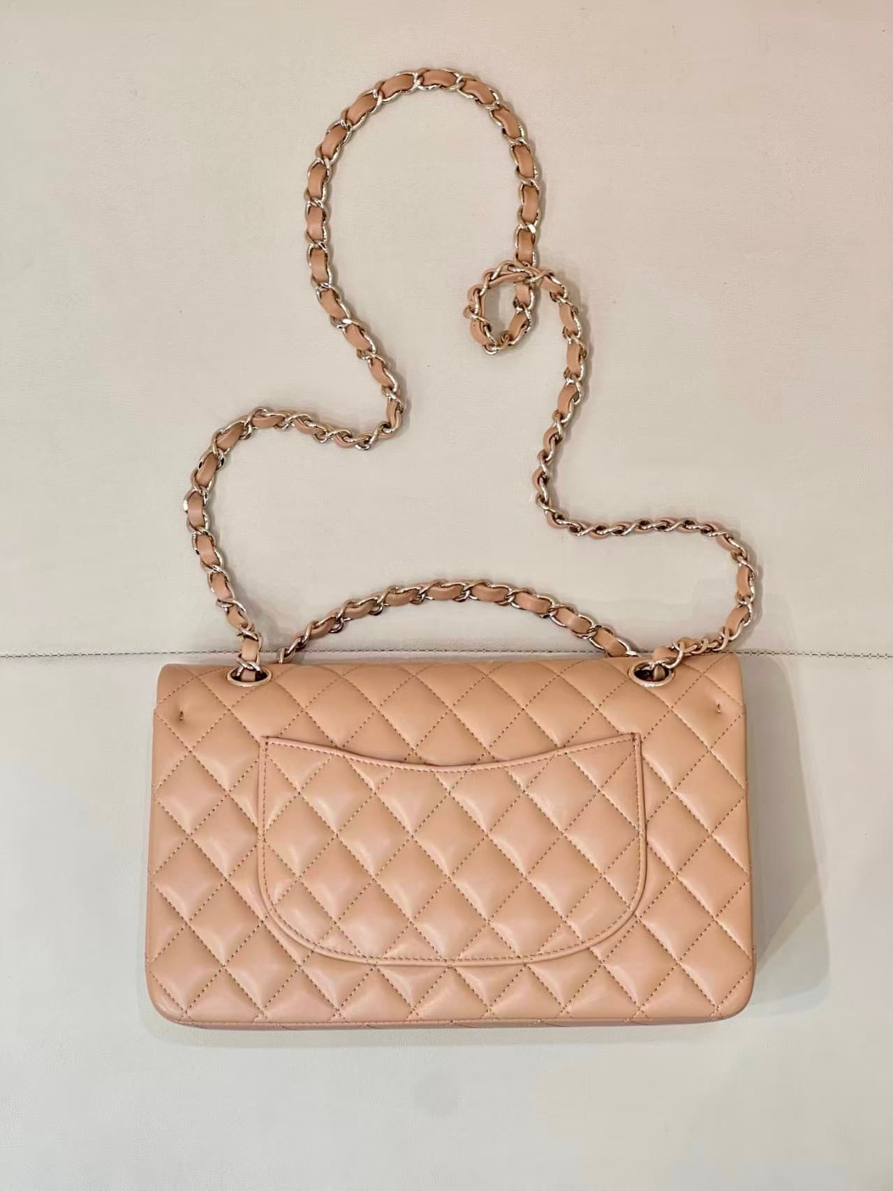Chanel Medium CLASSIC HANDBAG Lambskin & Gold-Tone Metal Milk Tea Color TOP