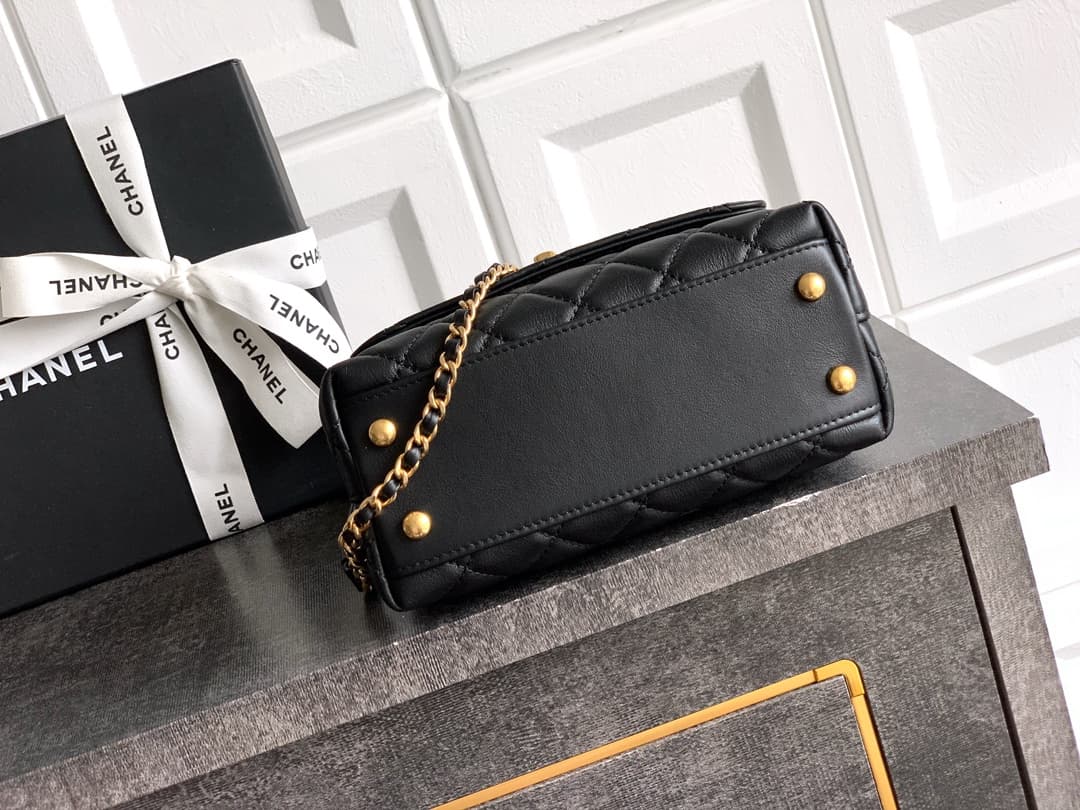 MINI FLAP BAG WITH TOP HANDLE AS2215 Calfskin, Strass & Gold-Tone Metal Black A