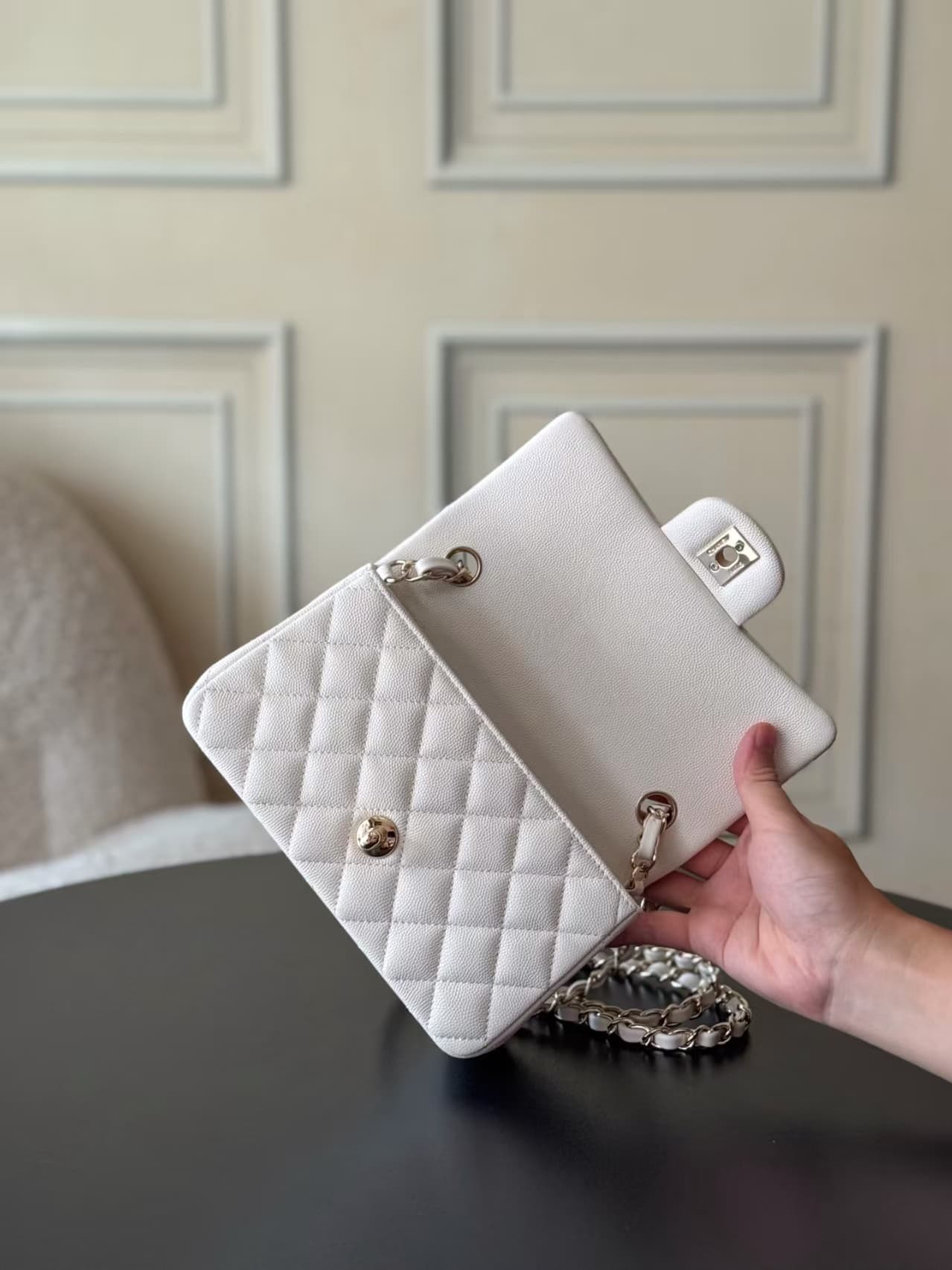 CHANEL Mini Classic Handbag Grained Calfskin & Gold-tone Metal A69900 White TOP