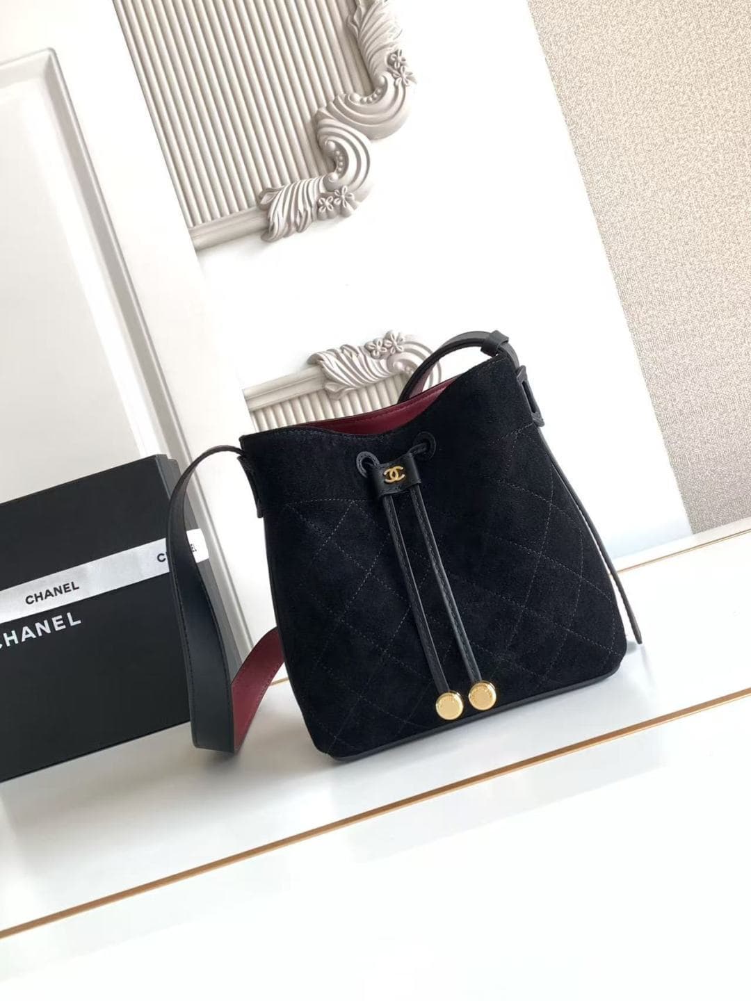 Chanel Small Bucket Bag Suede Calfskin & Gold-Tone Metal Black AS6537 A