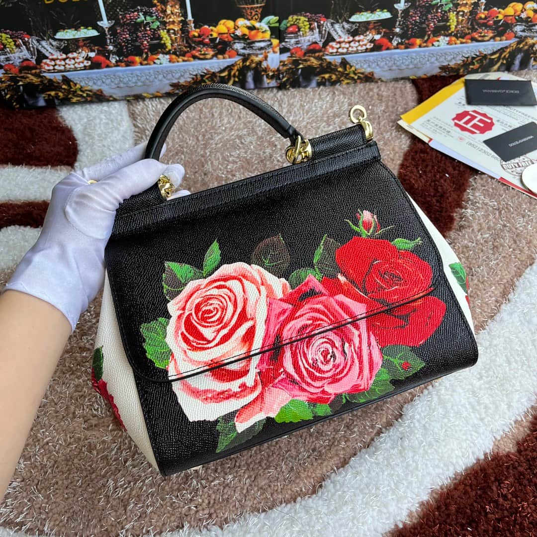 Dolce & Gabbana Miss Sicily top handle bag with vibrant red rose print leather High