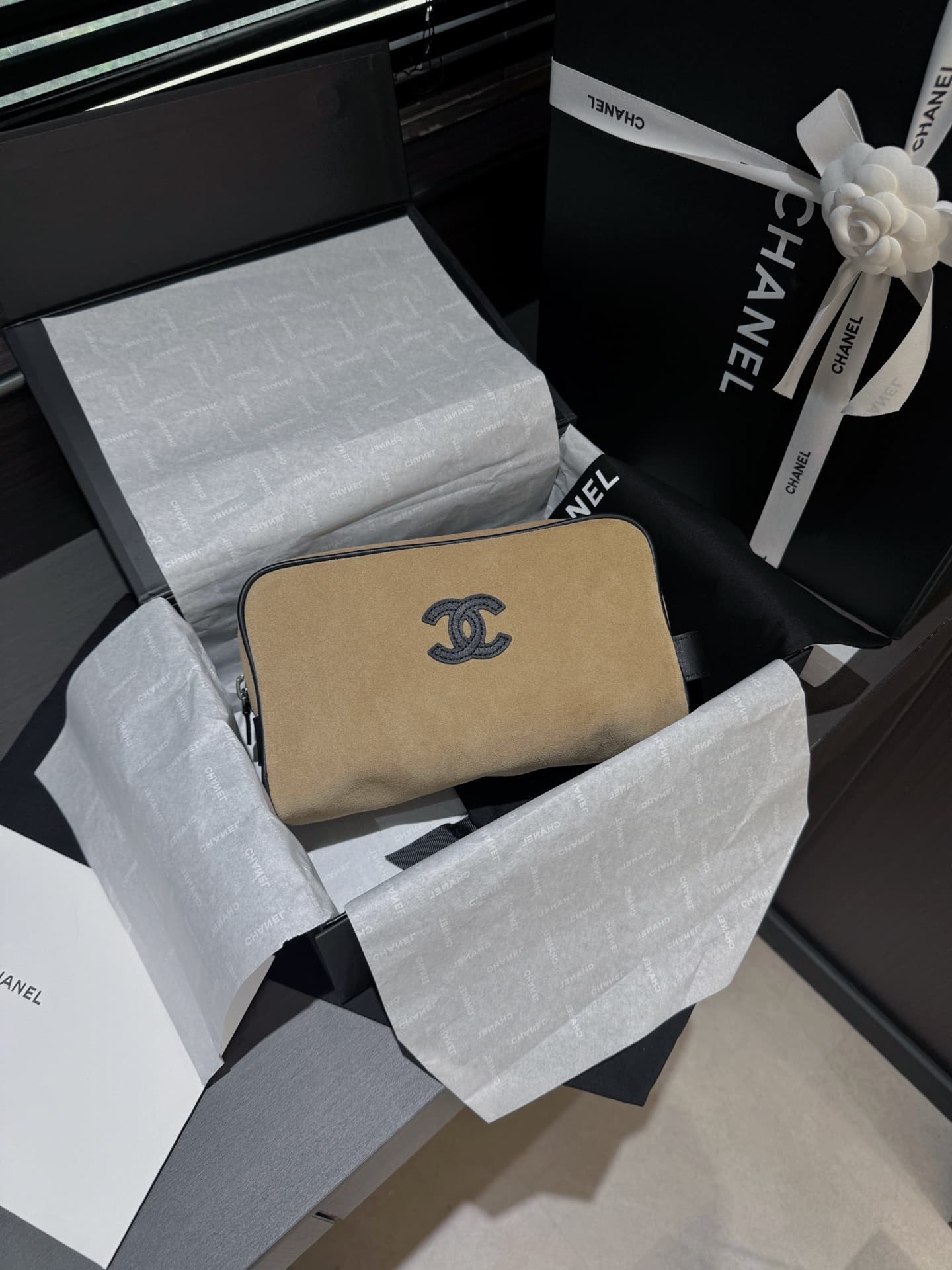 Chanel Small Zipped Pouch Suede Calfskin Beige AP5266 A