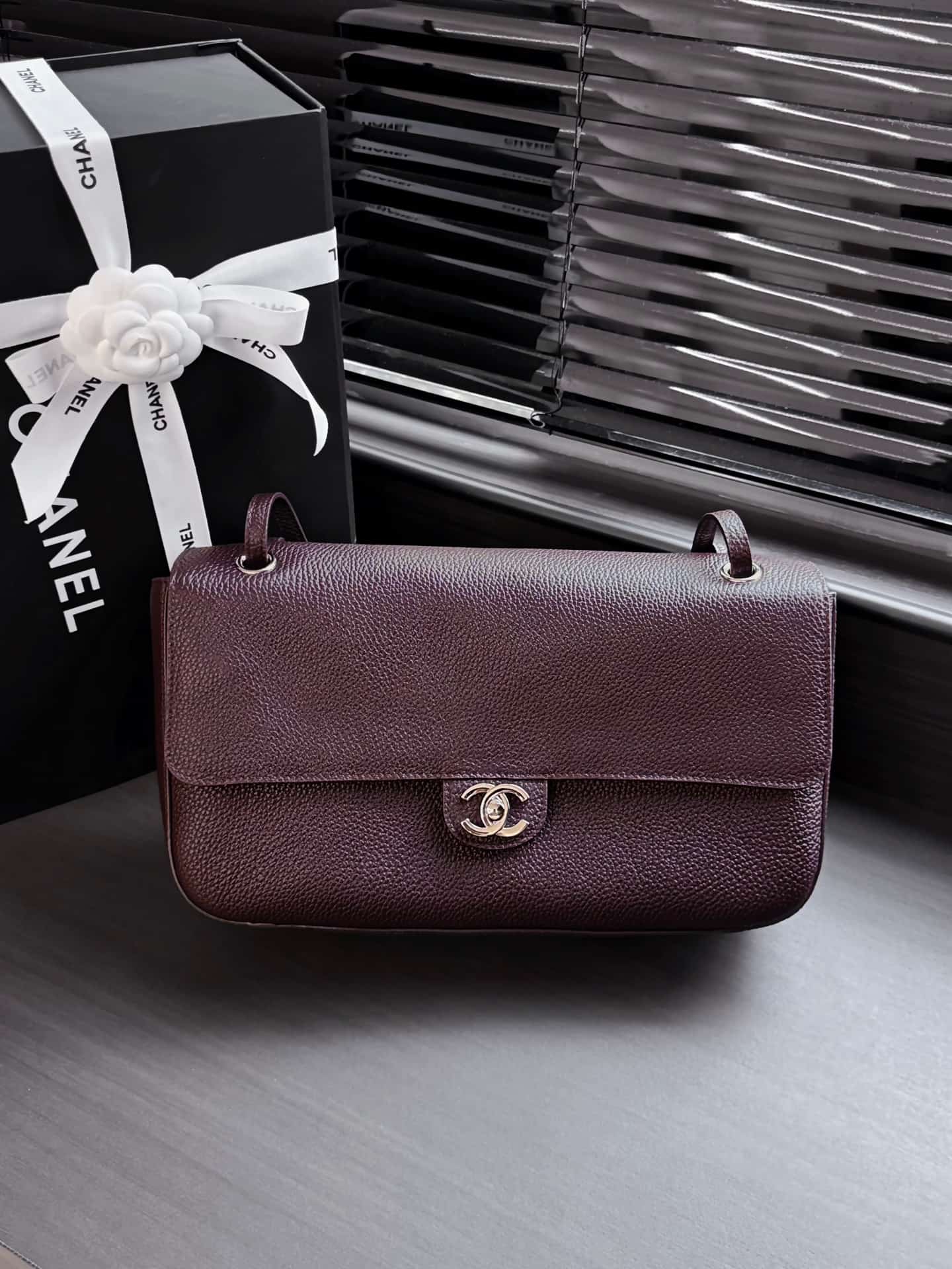 Chanel Maxi Flapbag Grained Calfskin & Silver-Tone Metal Dark Brown AS6231 A