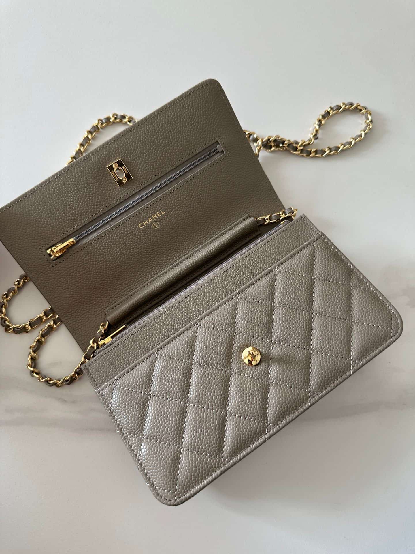 Chanel Classic Wallet on Chain Grained Shiny Calfskin & Gold-Tone Metal AP4241 Grey High