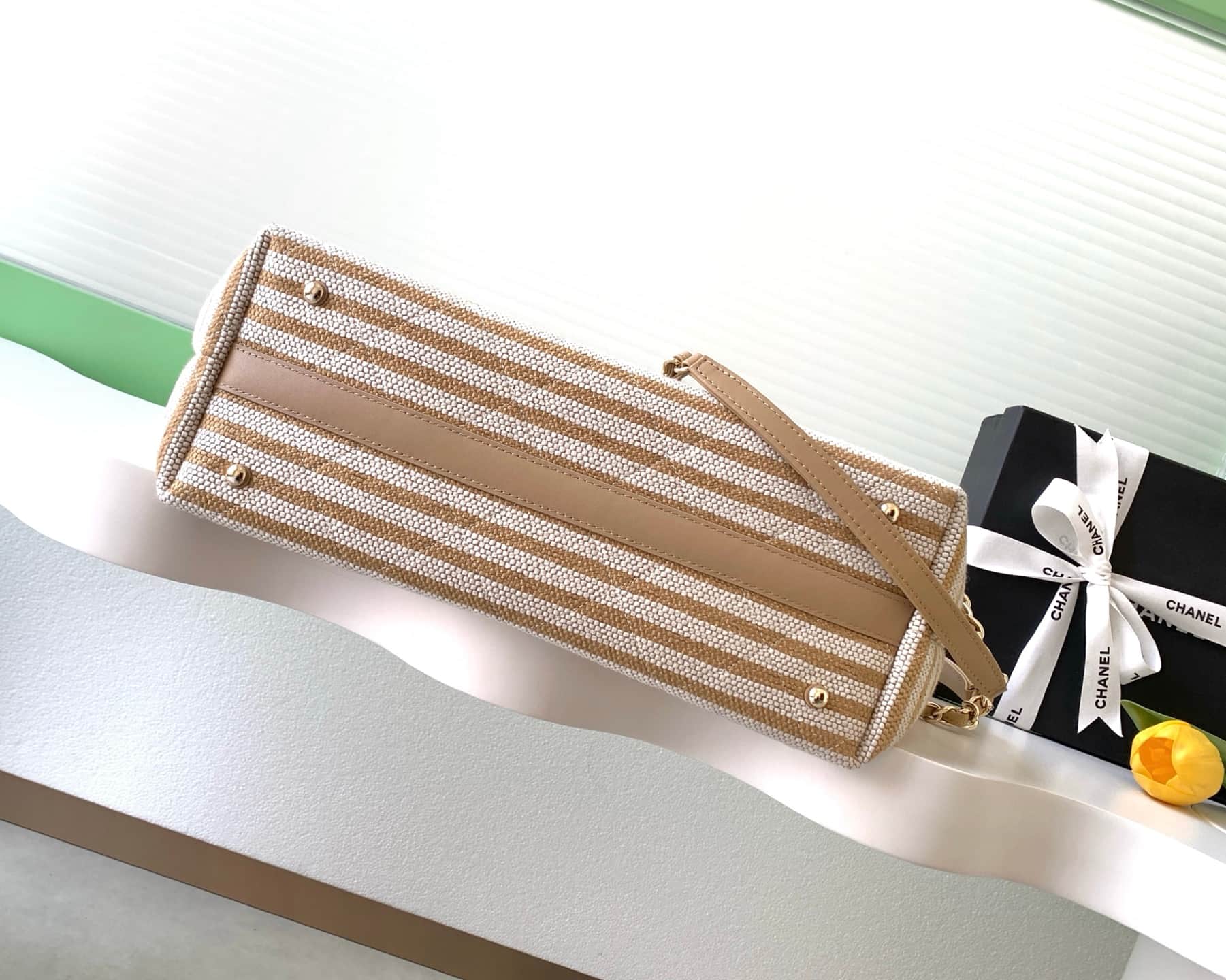 Chanel Deauville tote bag Striped canvas & Gold-Tone Metal Beige AS6007 A