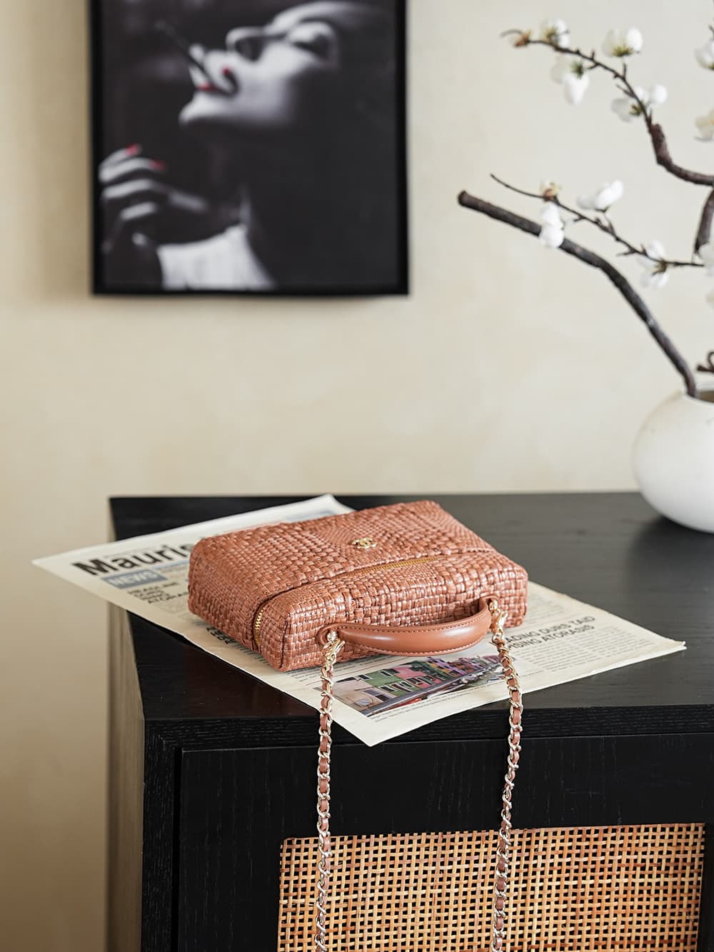 Chanel Classic Vanity with Chain Braided Raffia & Gold-Tone Metal Brown AP4385 A