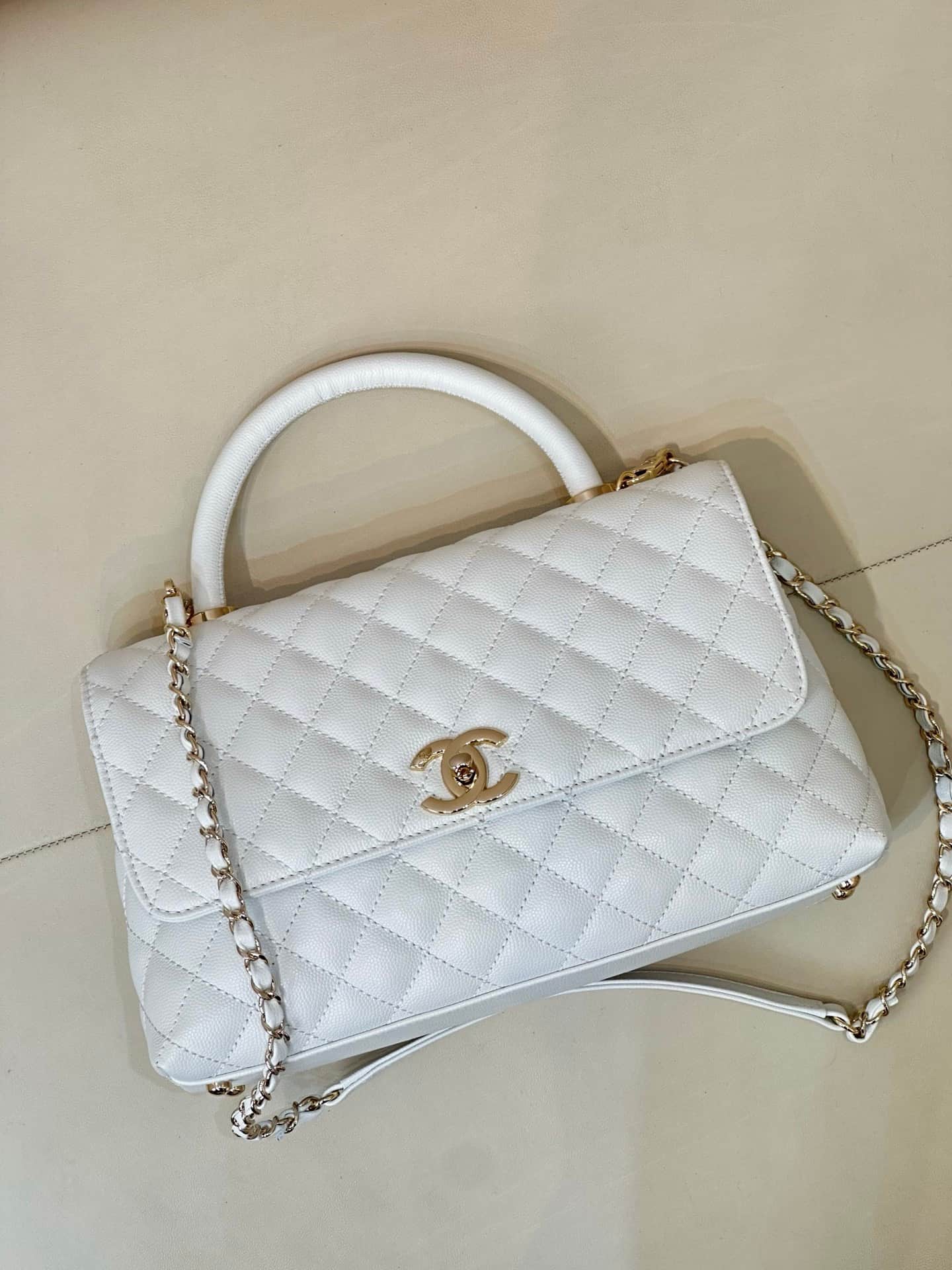 Chanel Medium FLAP BAG WITH TOP HANDLE Grained Calfskin Gold Metal A92991 TOP