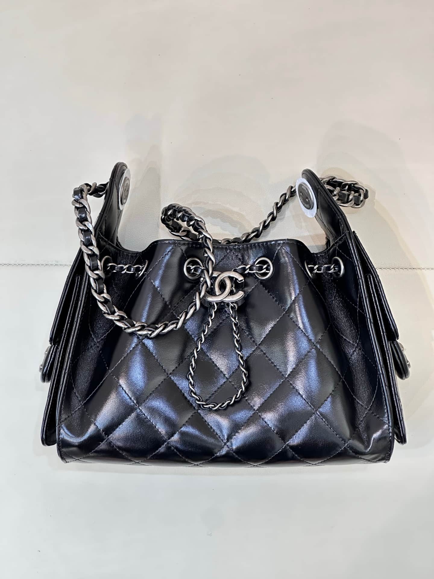 CHANEL 25 Mini Handbag AS5631 Shiny Calfskin & Silver-tone Metal Black TOP