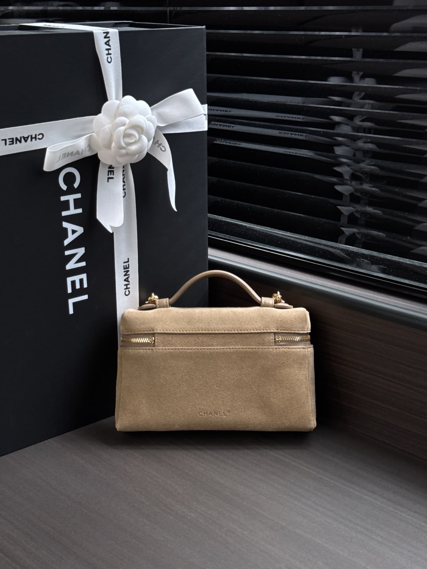 Chanel Small Vanity with Chain Suede Calfskin & Gold Metal Beige AP5346 A