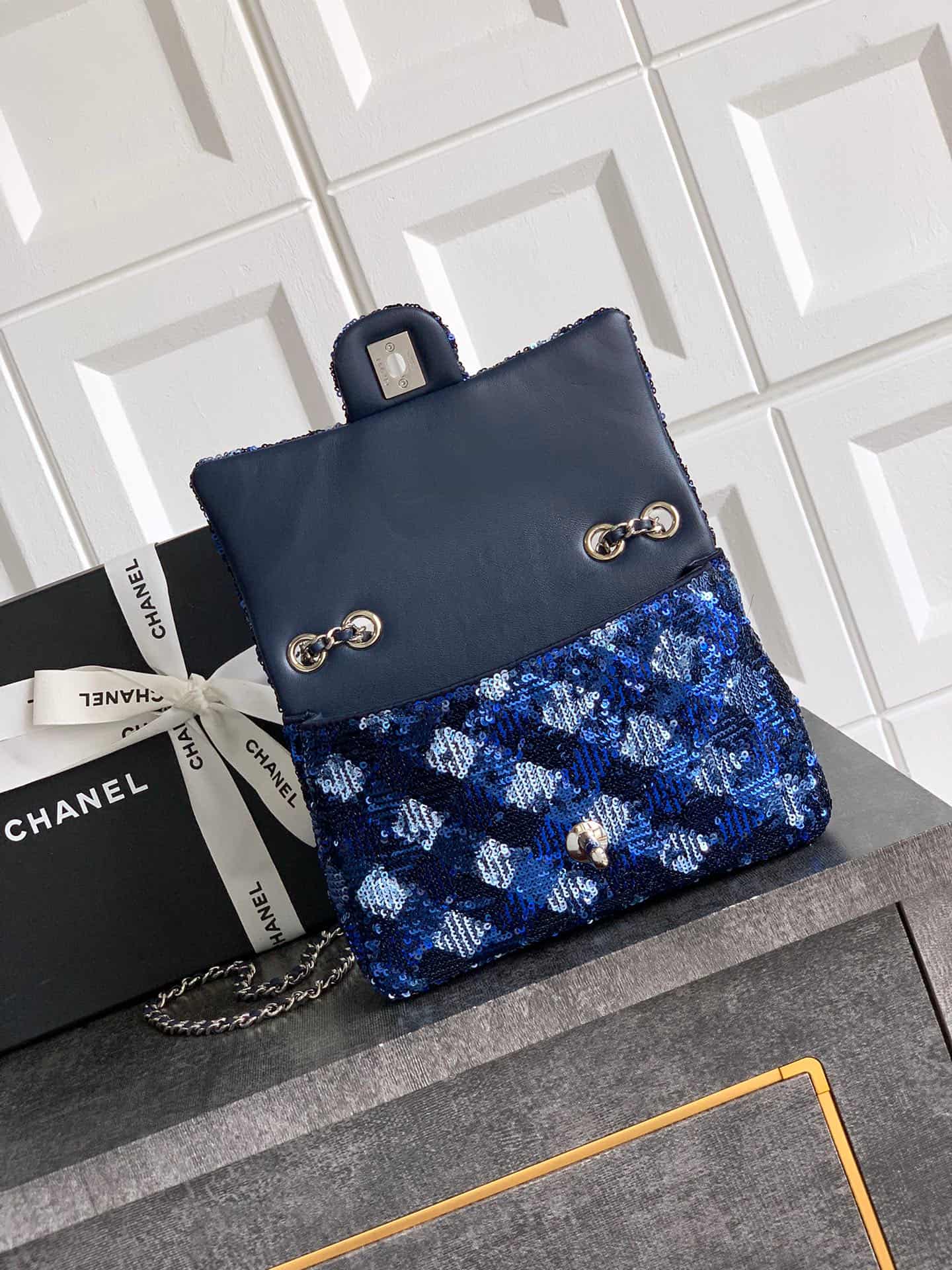 Chanel Classic Mini Flap Bag Sequins Embroidery & Gold-Tone Metal Blue 6171 A
