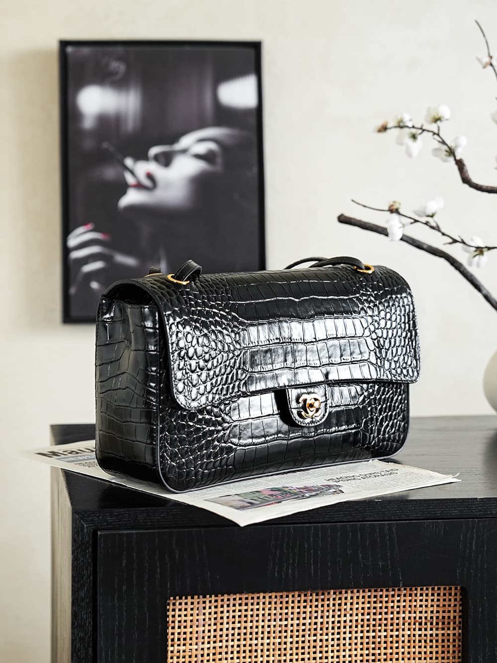Chanel Maxi Flapbag Crocodile Embossed Calfskin& Gold-Tone Metal Black AS6231 A