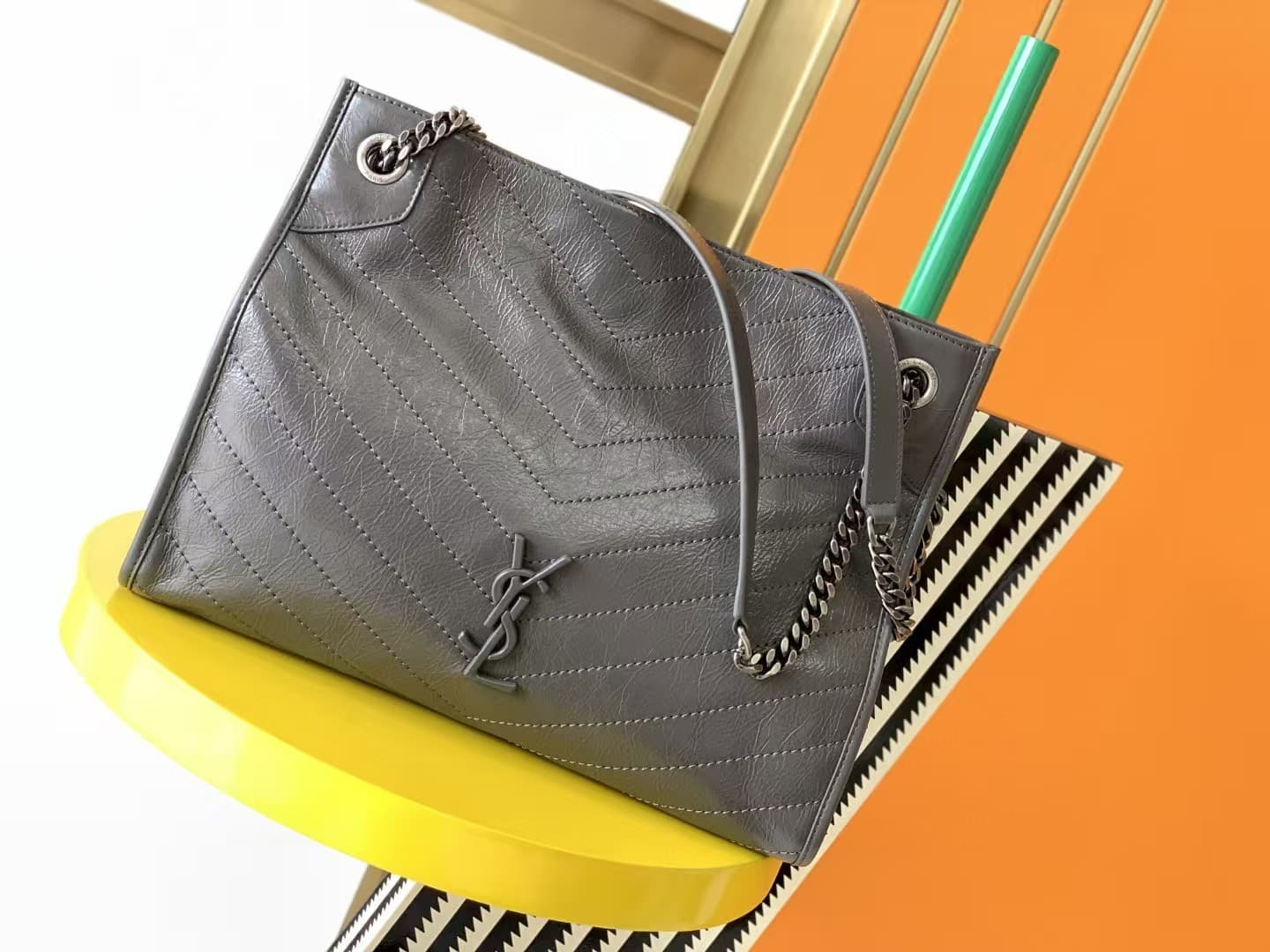 Saint Laurent Niki Shopping Tote Bag Calf Leather In Dark Grey High