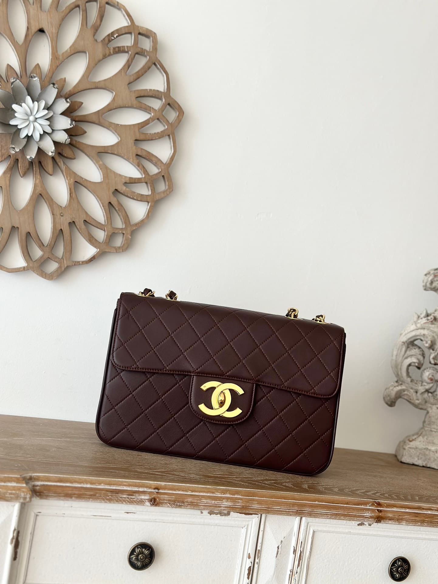 Chanel Vintage Large Classic Handbag Grained Calfskin & Gold-Tone Metal Brown A