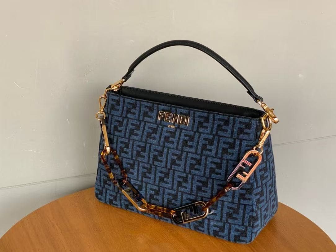 Fendi O'Lock Zip Shoulder Bag in Blue Zucca Chenille High