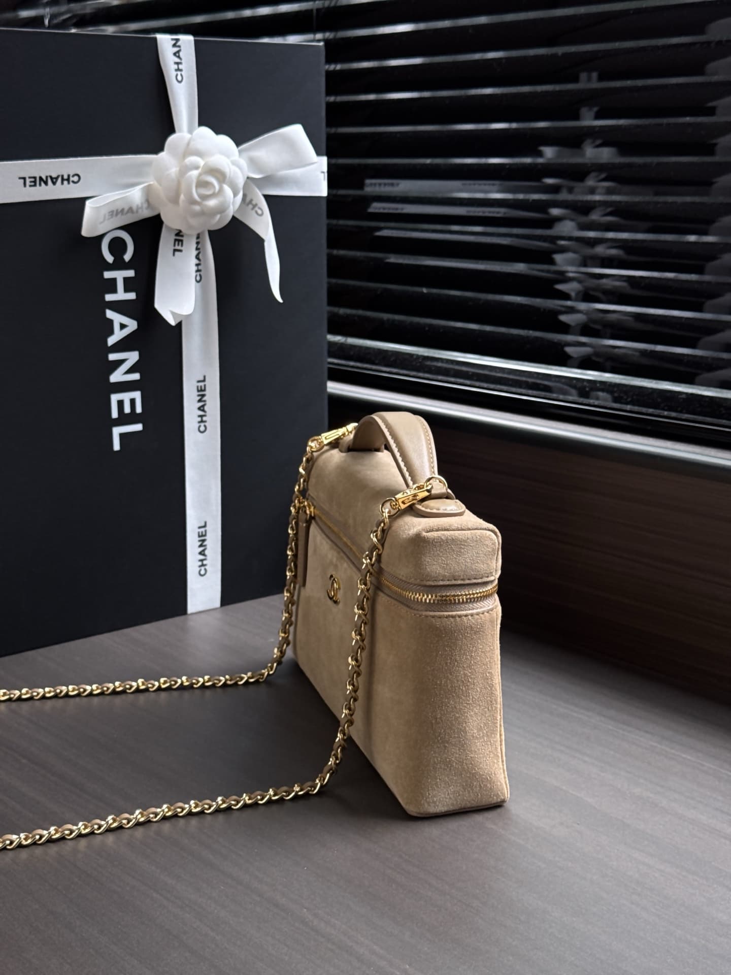 Chanel Large Vanity with Chain Suede Calfskin & Gold Metal Beige AP5347 A
