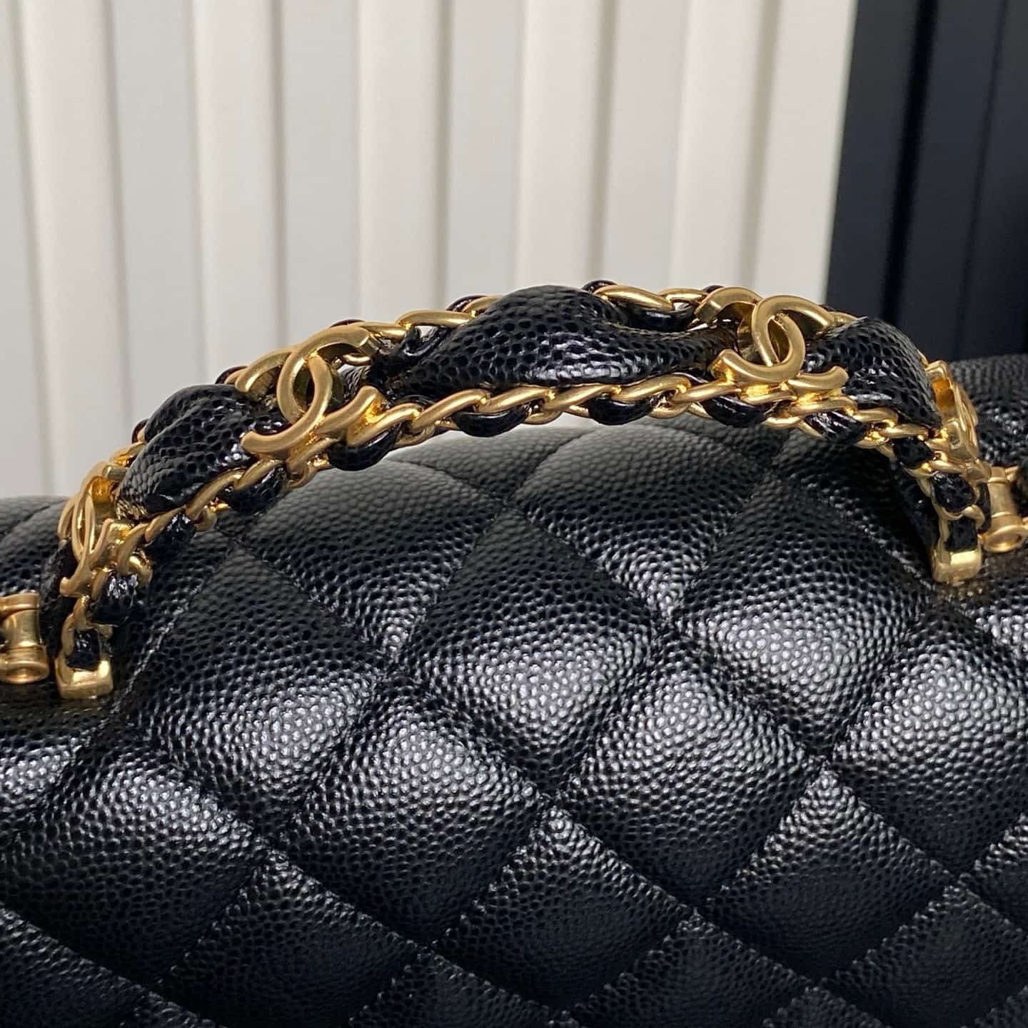 Chanel Small Flap Bag with Top Handle Grained Shiny Calfskin &  Gold-Tone Metal Black AS5702 A