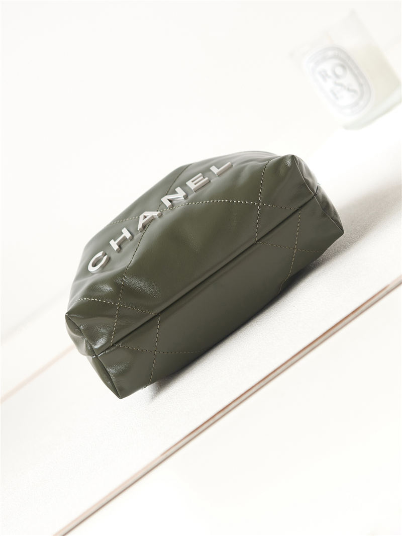 Chanel 22 MINI HANDBAG Shiny Calfskin Olive & Silver-Tone Metal AS3980 A