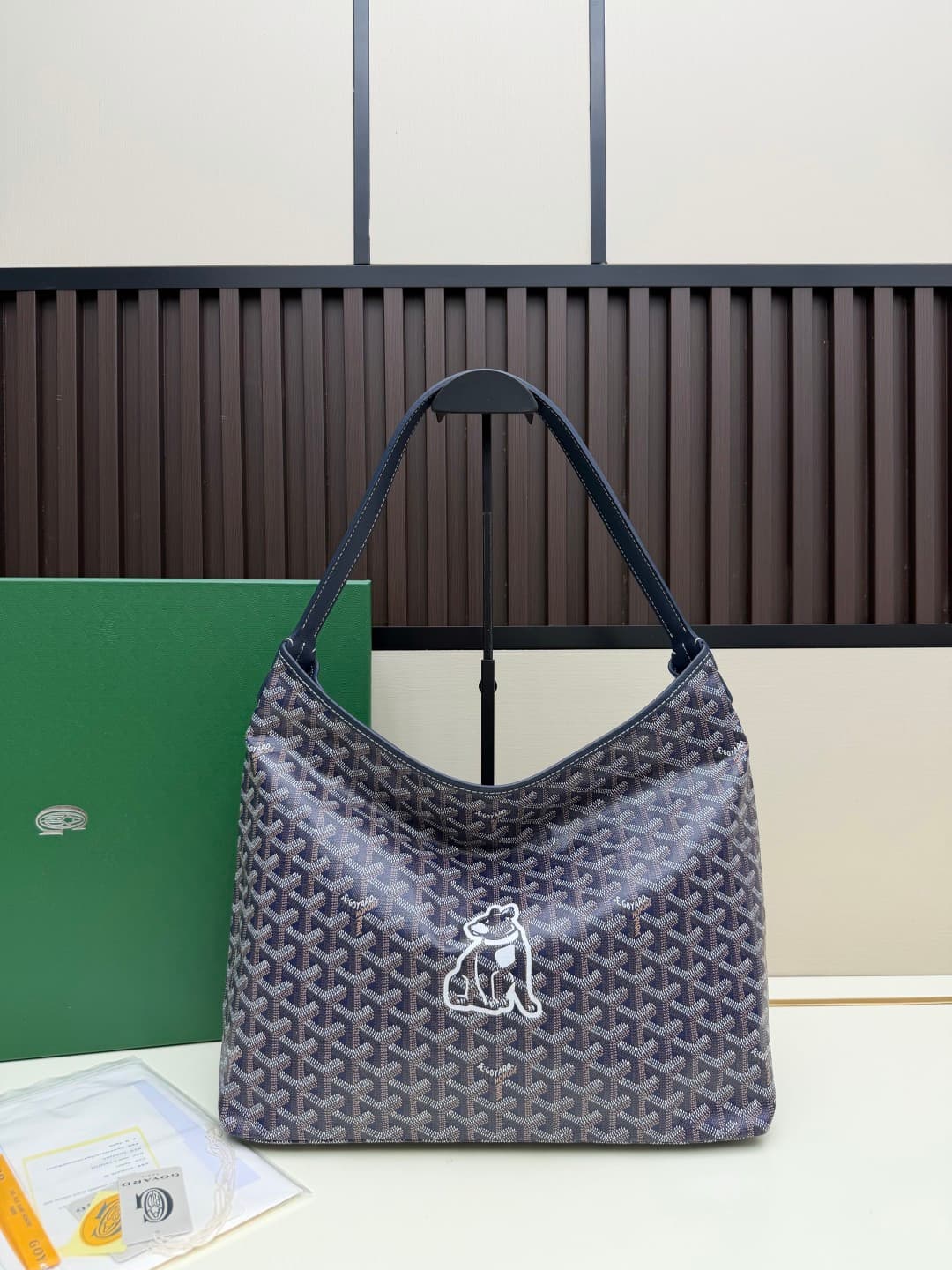 Goyard Bohème Navy Blue Hobo Bag Chevron Canvas and White Painted Mascot High