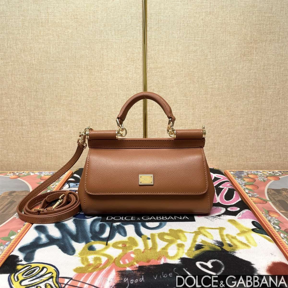 Dolce & Gabbana Miss Sicily top handle bag calfskin leather Caramel High