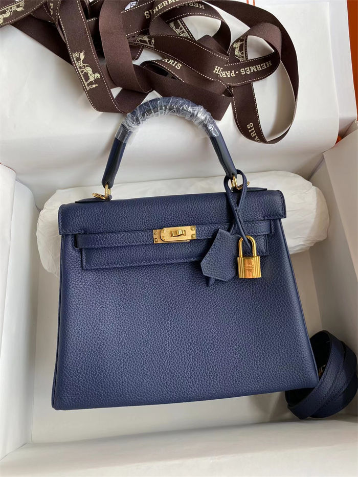 Hermes Kelly 25/28/32cm Retourne Bag Togo Leather In bleu obscur WAX High