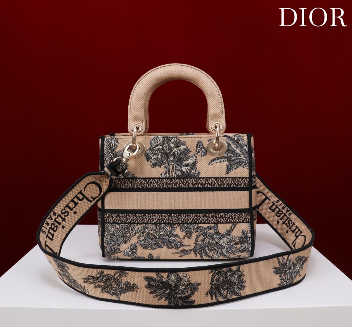 Medium Lady D-Lite Bag Beige and Black Toile de Jouy Palms Embroidery High