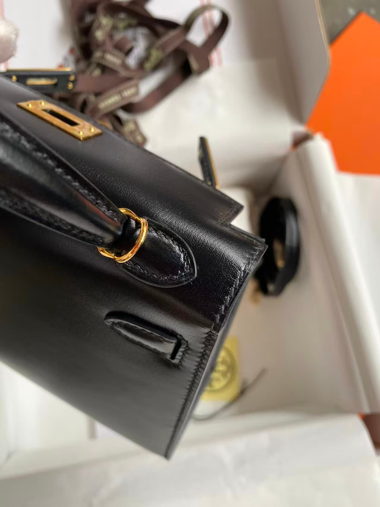 Hermes Kelly Mini II Bag Box Leather WAX Silver/Gold Metal Black High