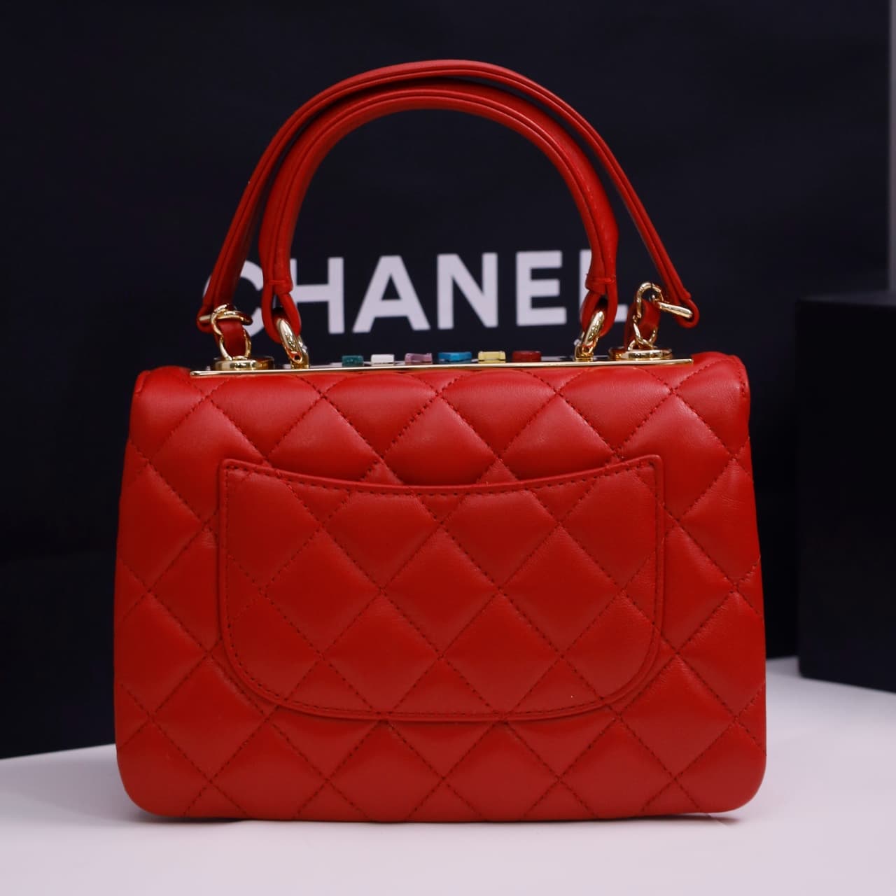 Chanel MINI FLAP BAG WITH TOP HANDLE AS4654 Lambskin &Gold-Tone Metal Light Red A