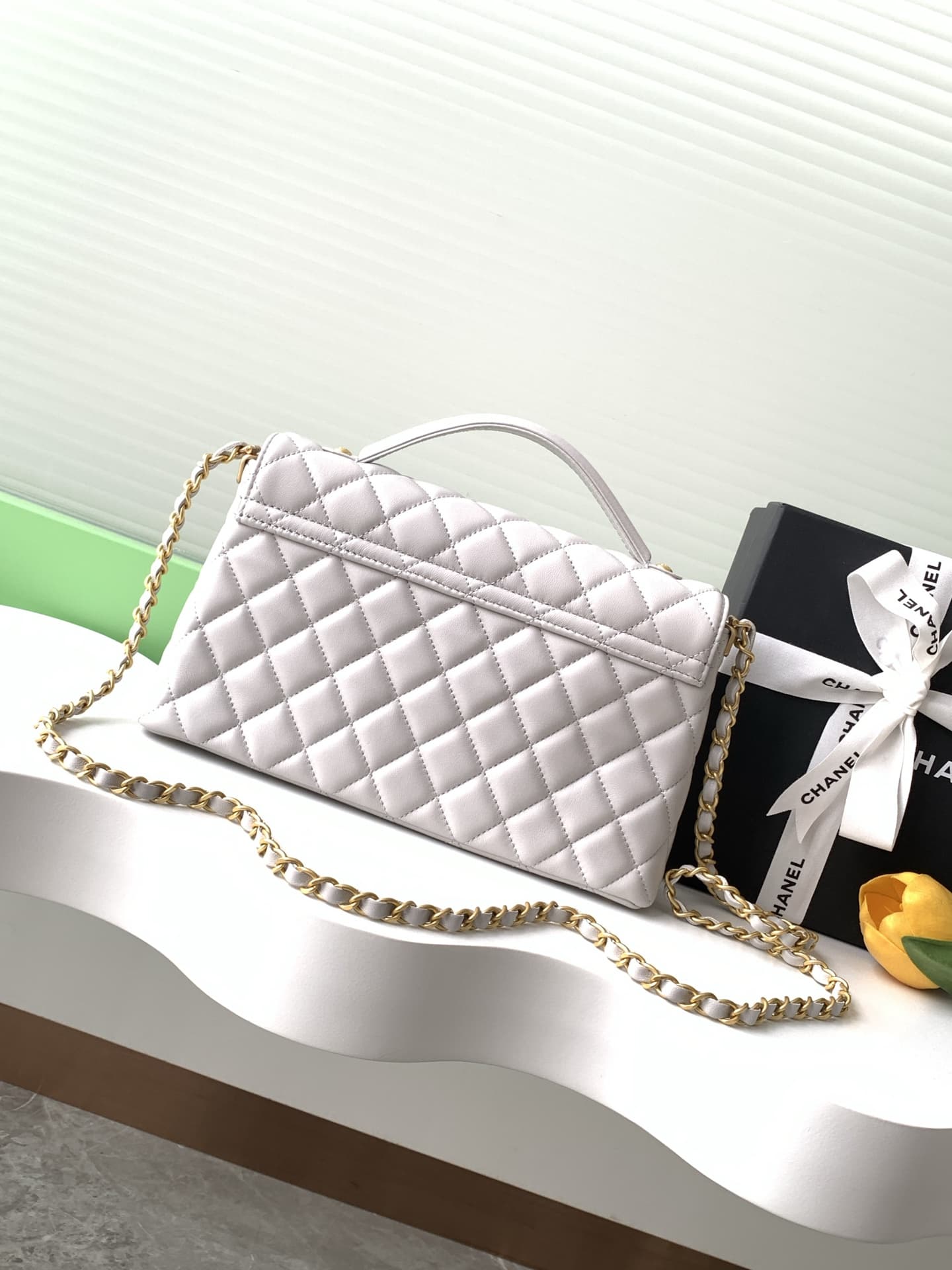 FLAP BAG WITH TOP HANDLE Lambskin Gold-Metal AS5356 Gray A