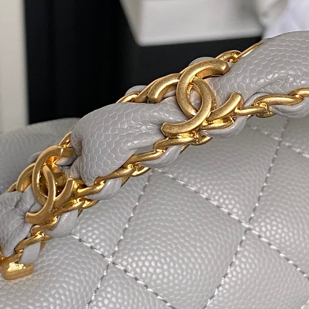 Chanel Small Flap Bag with Top Handle Grained Shiny Calfskin &  Gold-Tone Metal Grey AS5702 A