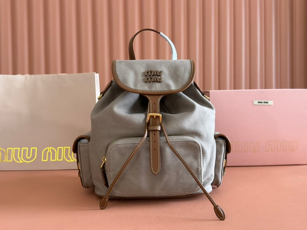 Miu Miu Cornflower Aluminum/brandy Denim Backpack 5bz042 High