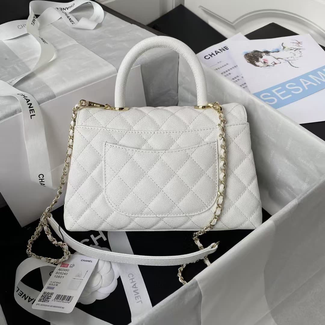 FLAP BAG WITH TOP HANDLE Grained Calfskin & Gold-Tone Metal A92990 White A