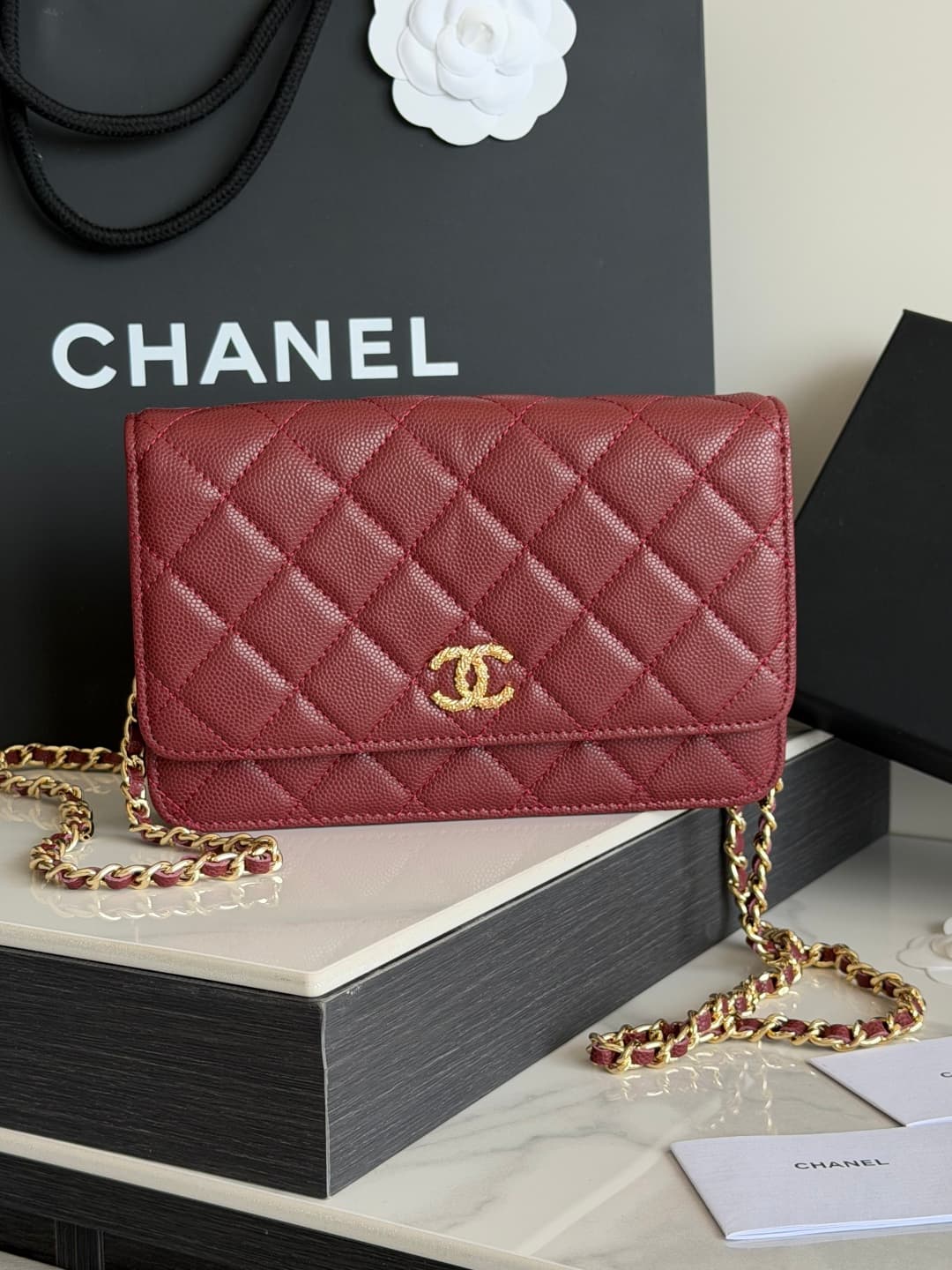 Chanel Wallet on Chain Shiny Grained Calfskin Strass & Gold-Tone Metal Red AP5073 High