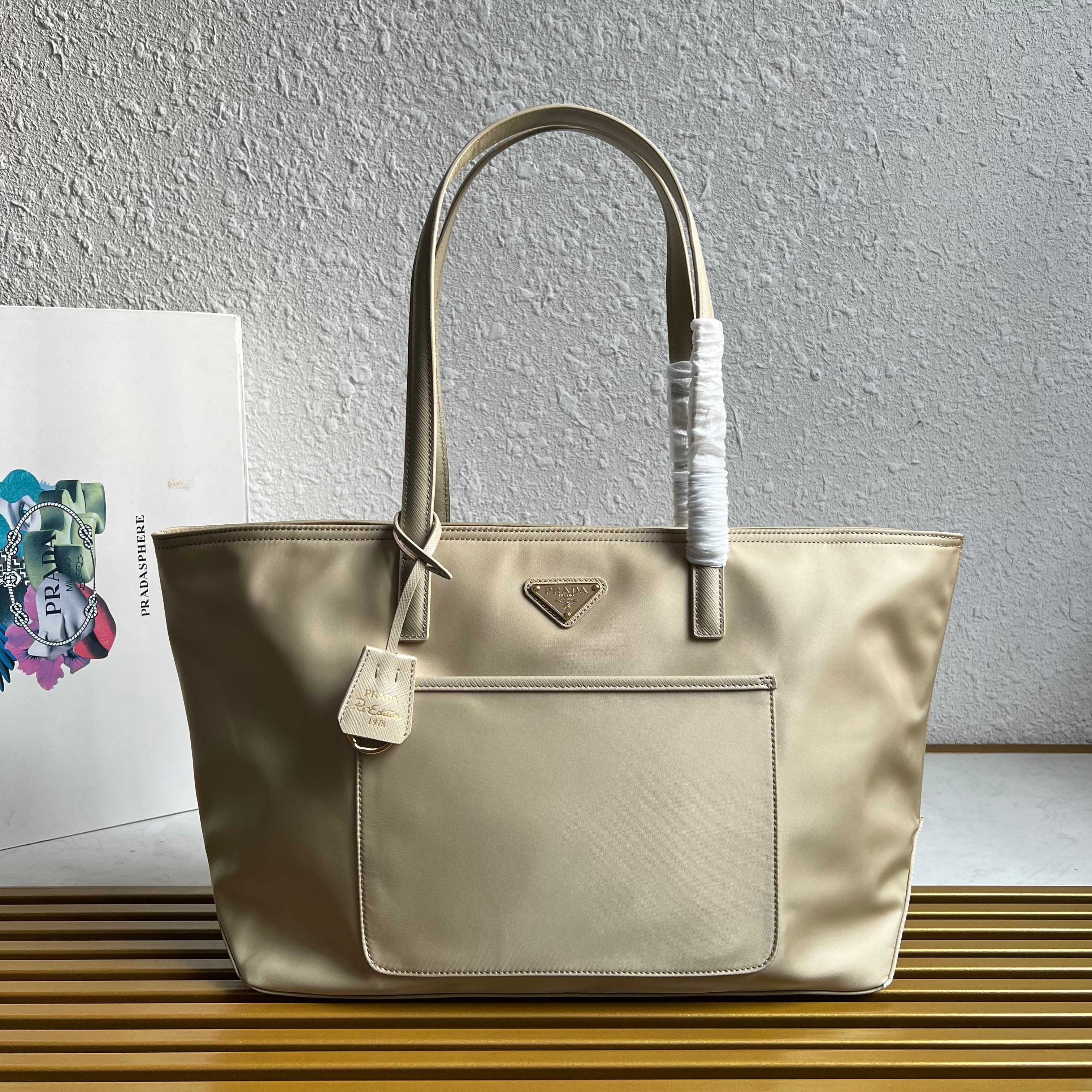 Prada Re-Edition 1978 medium Re-Nylon and Saffiano leather tote bag 1BG555 Desert Beige High