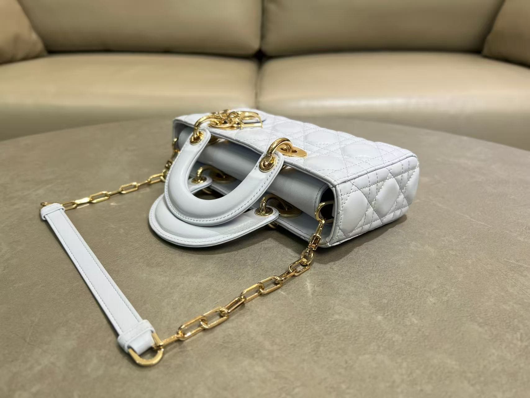 LADY D-JOY BAG SMALL Cannage Lambskin Ice Blue High