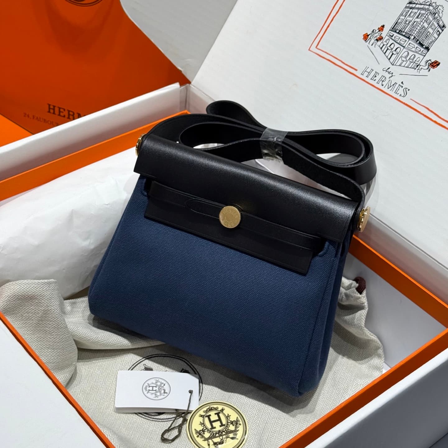 Hermes Herbag Zip Mini 20 bag Canvas and Leather Deep Bleu TOP