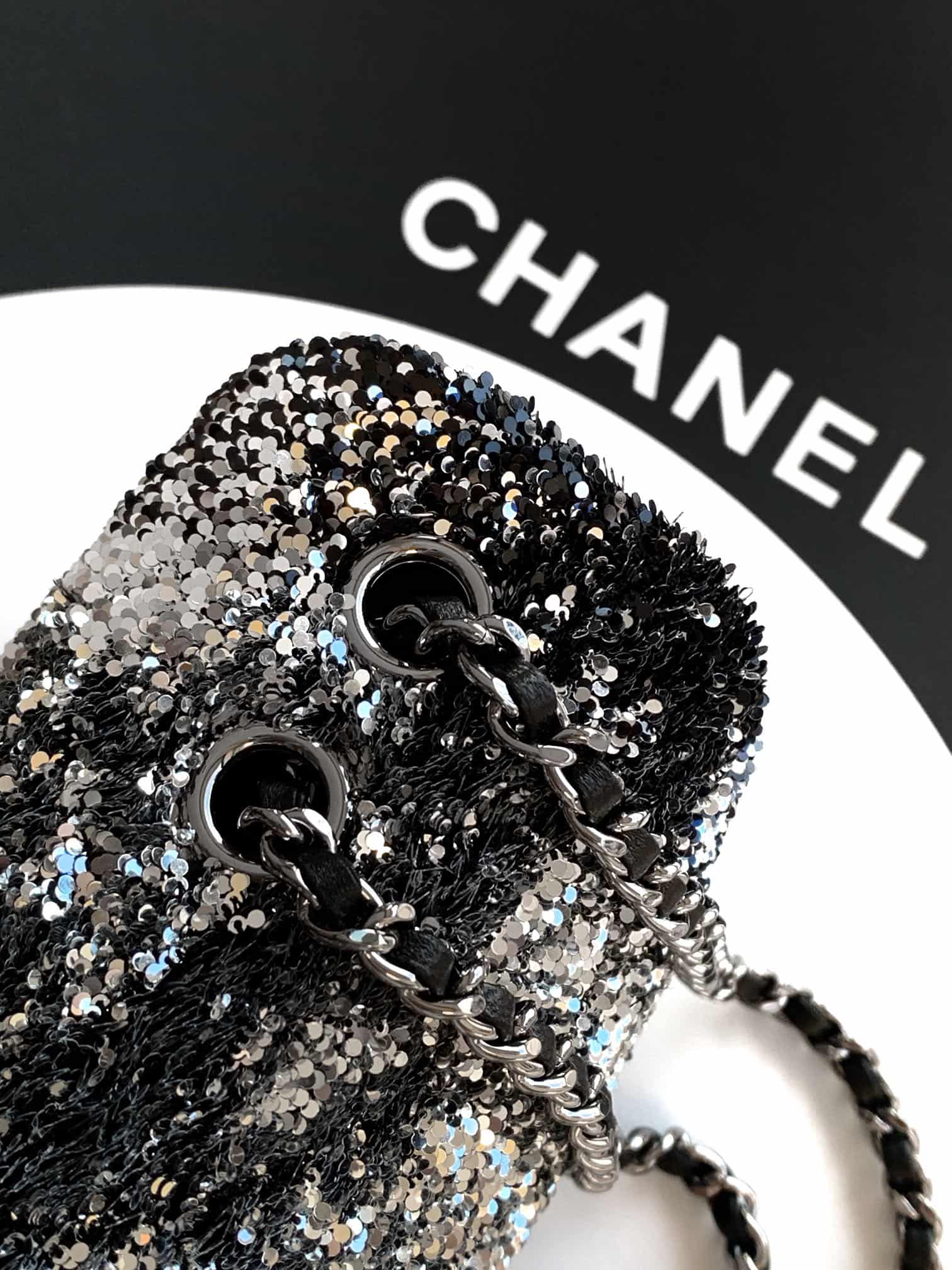 Chanel Classic Mini Flap Bag Sequin Embroidery & Silver-Tone Metal Black 6171 A