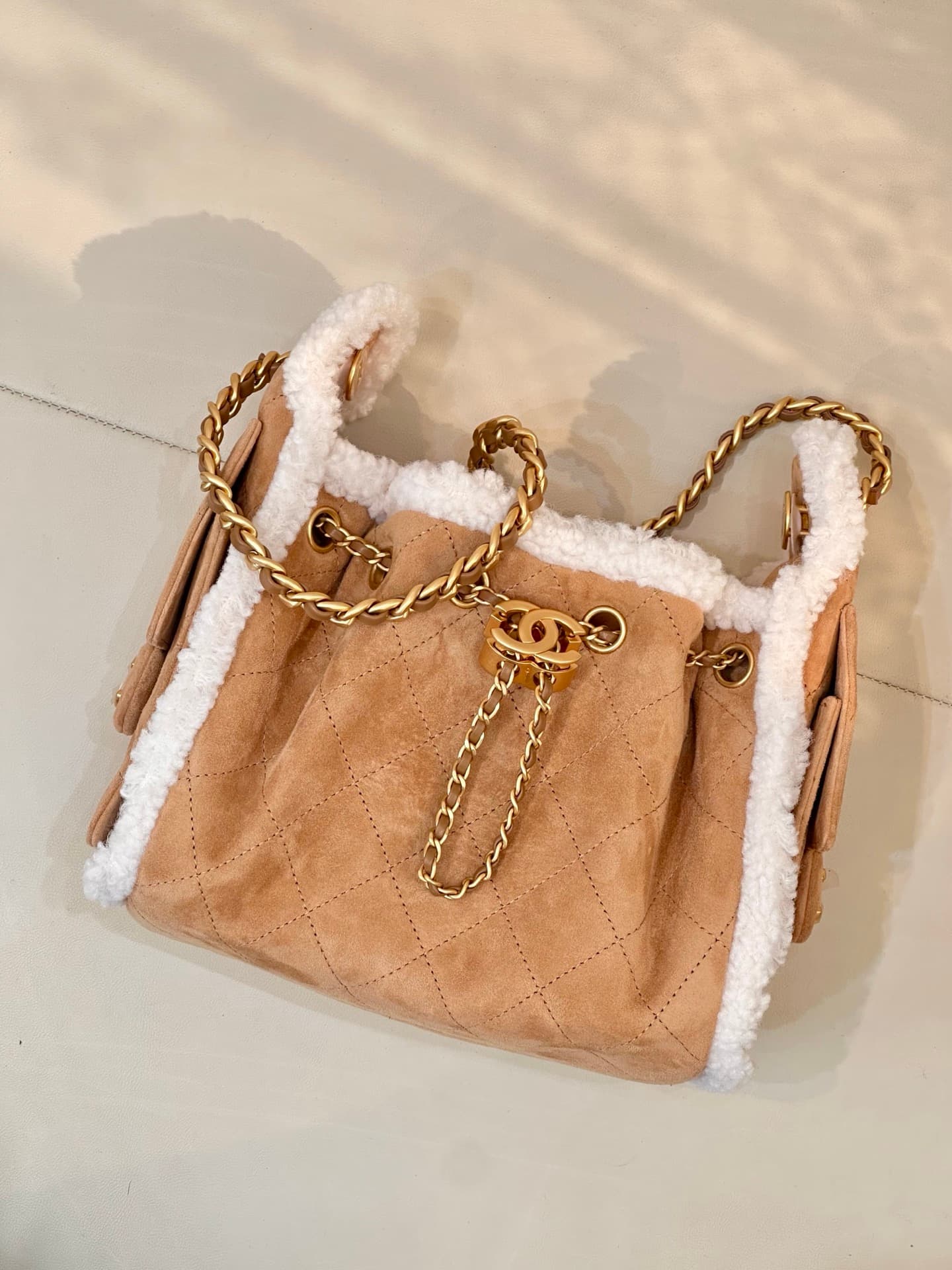 CHANEL 25 Mini Handbag AS5631 Suede &Shearling &Gold-tone Metal Beige TOP