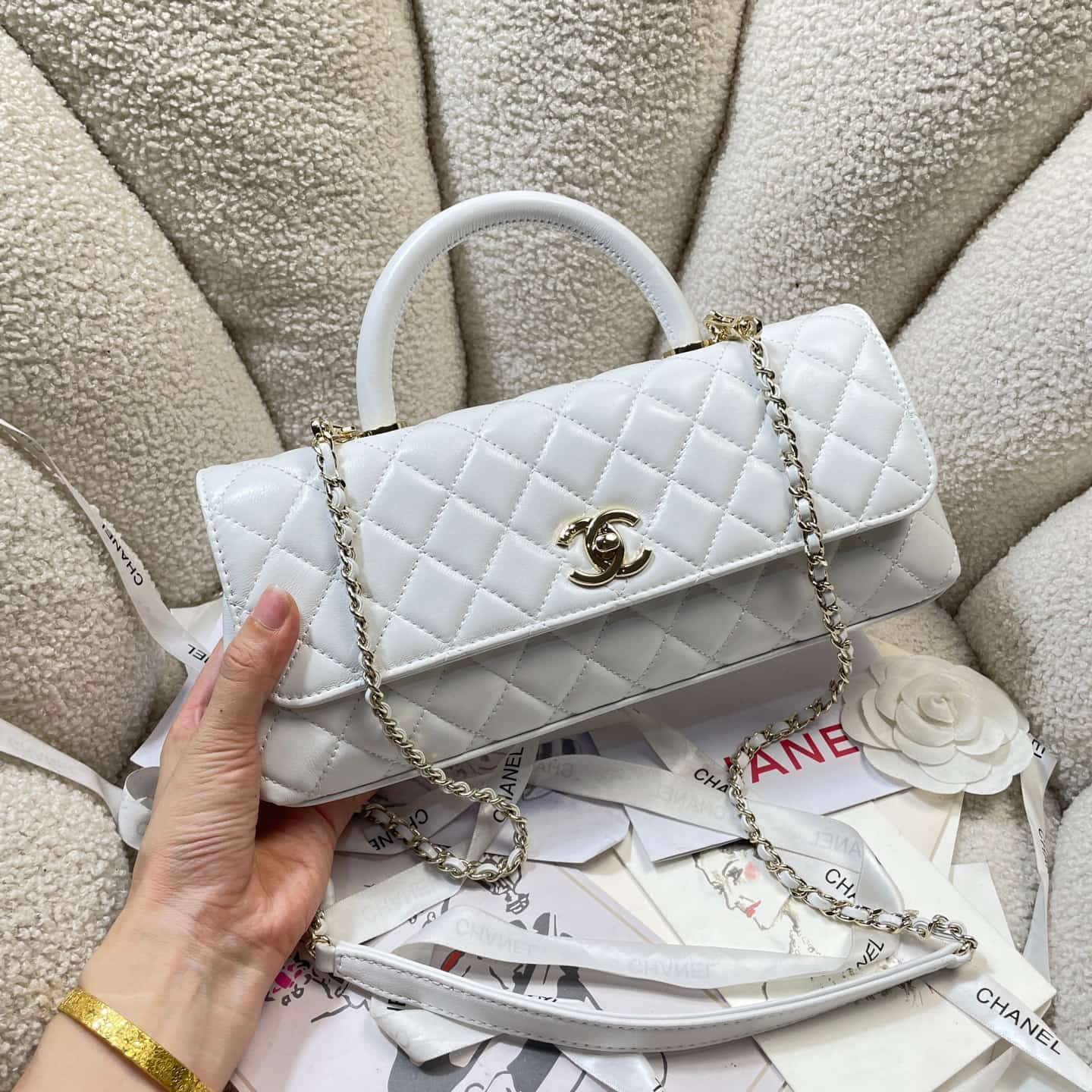 Chanel Maxi Flap Bag with Top Handle Calfskin& Gold-Tone Metal AS6091 White A