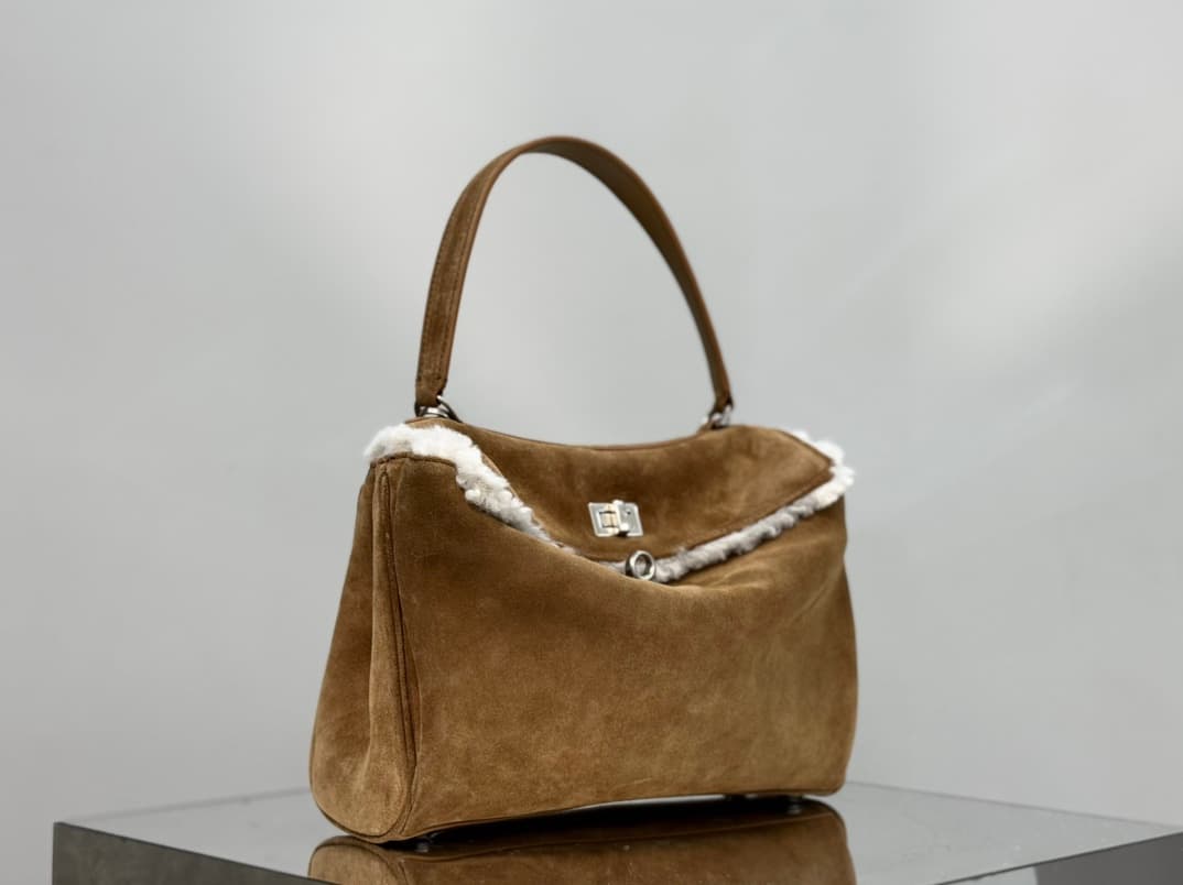 Balenciaga Rodeo Small Bag in Noce Suede Calfskin and White Fleece With Silver-Tone Metal TOP