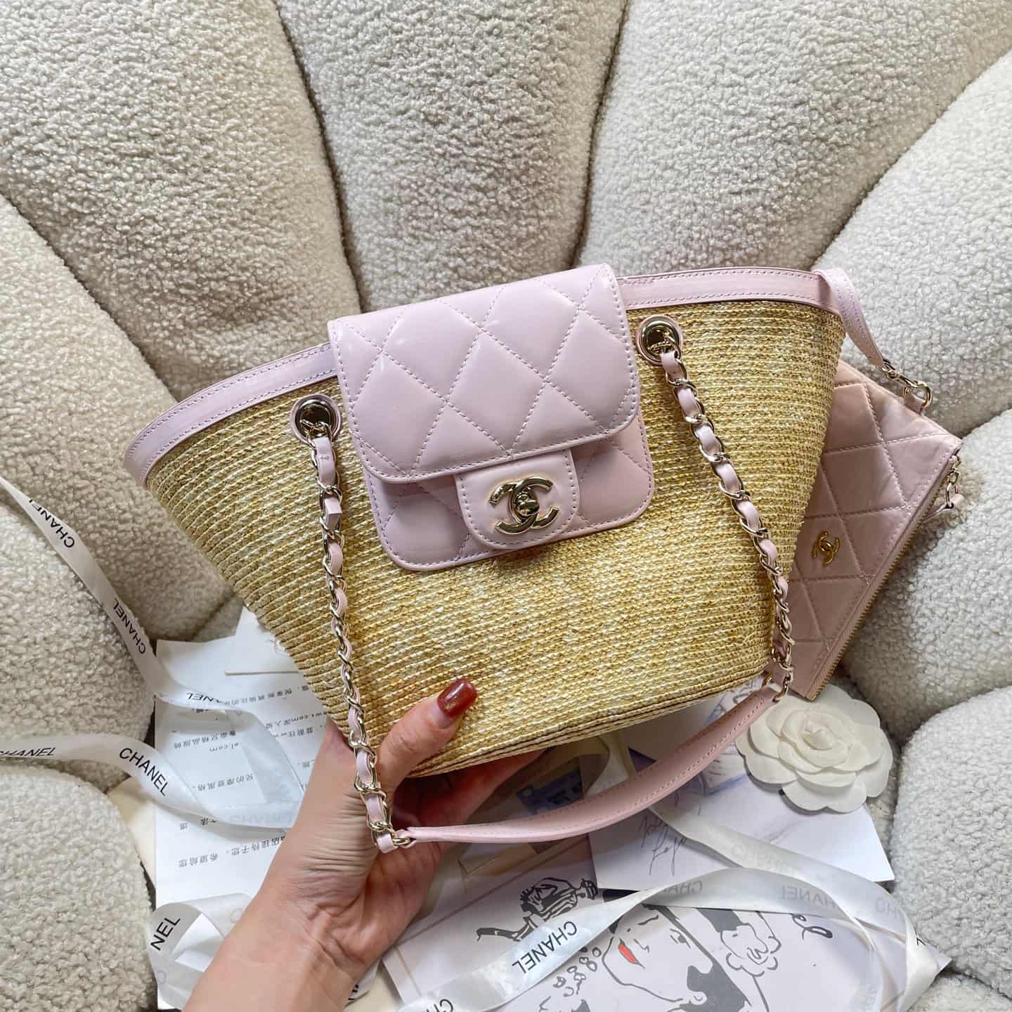 Chanel Coco Beach Small Shopping Bag Braided Straw Lambskin & Gold-Tone Metal Beige & Pink AS5951 A