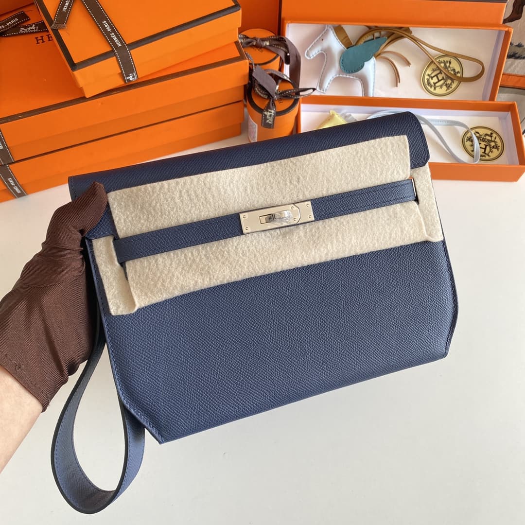 Hermes Kelly Depeches 25 Pouch Epsom Leather Bleu Saphir WAX High