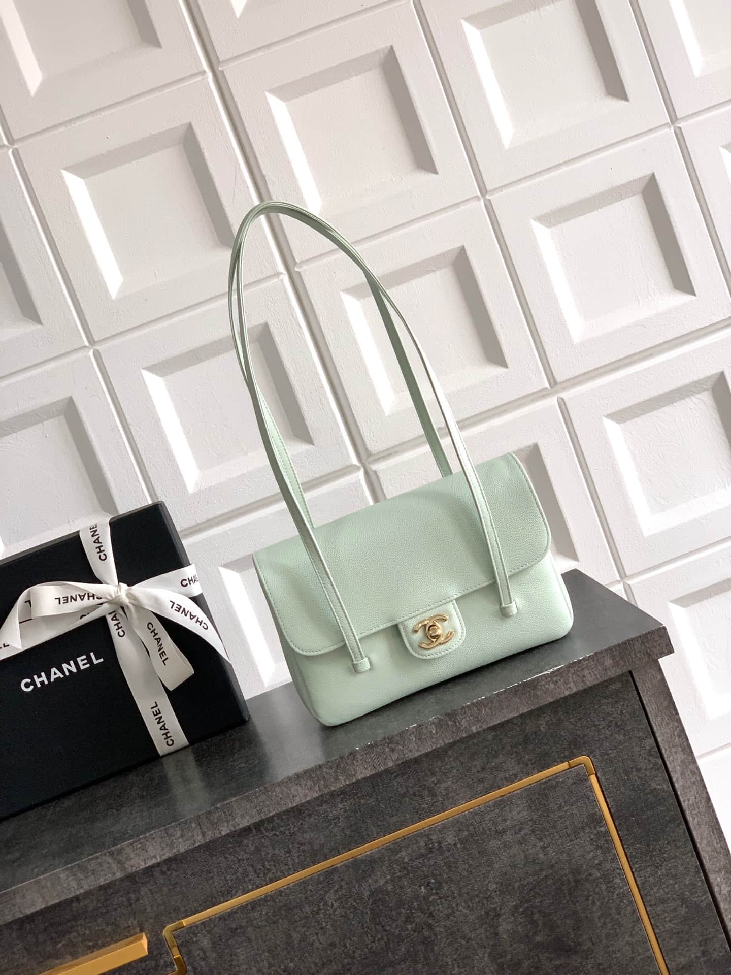 Chanel Clutch with Leather Strap Grained Shiny Calfskin & Gold-Tone Metal Light Green  5809 High