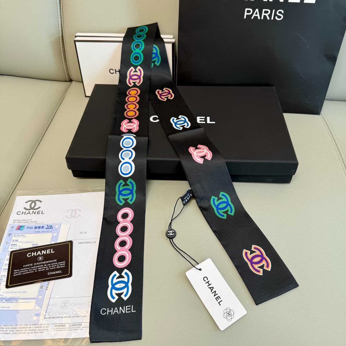 Chanel Black Silk Bandeau Slim Scarf