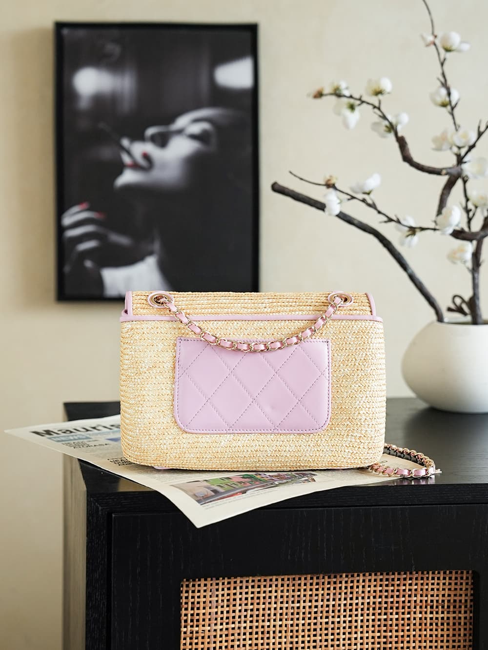 Chanel Coco Beach Small Flap Bag Braided Straw Lambskin & Gold-tone Metal AS6017 A