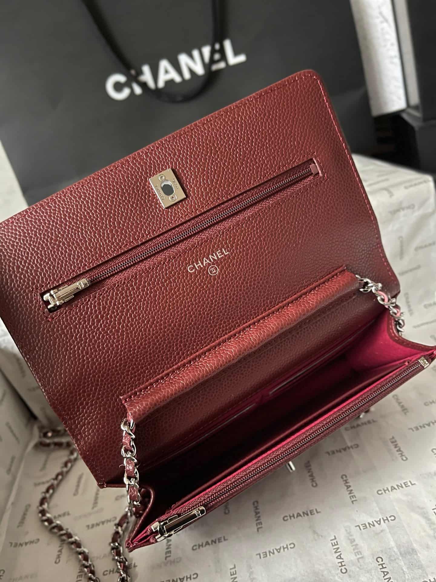Chanel Classic Wallet on Chain Grained Shiny Calfskin & Silver-Tone Metal AP4241 Dark Brown A