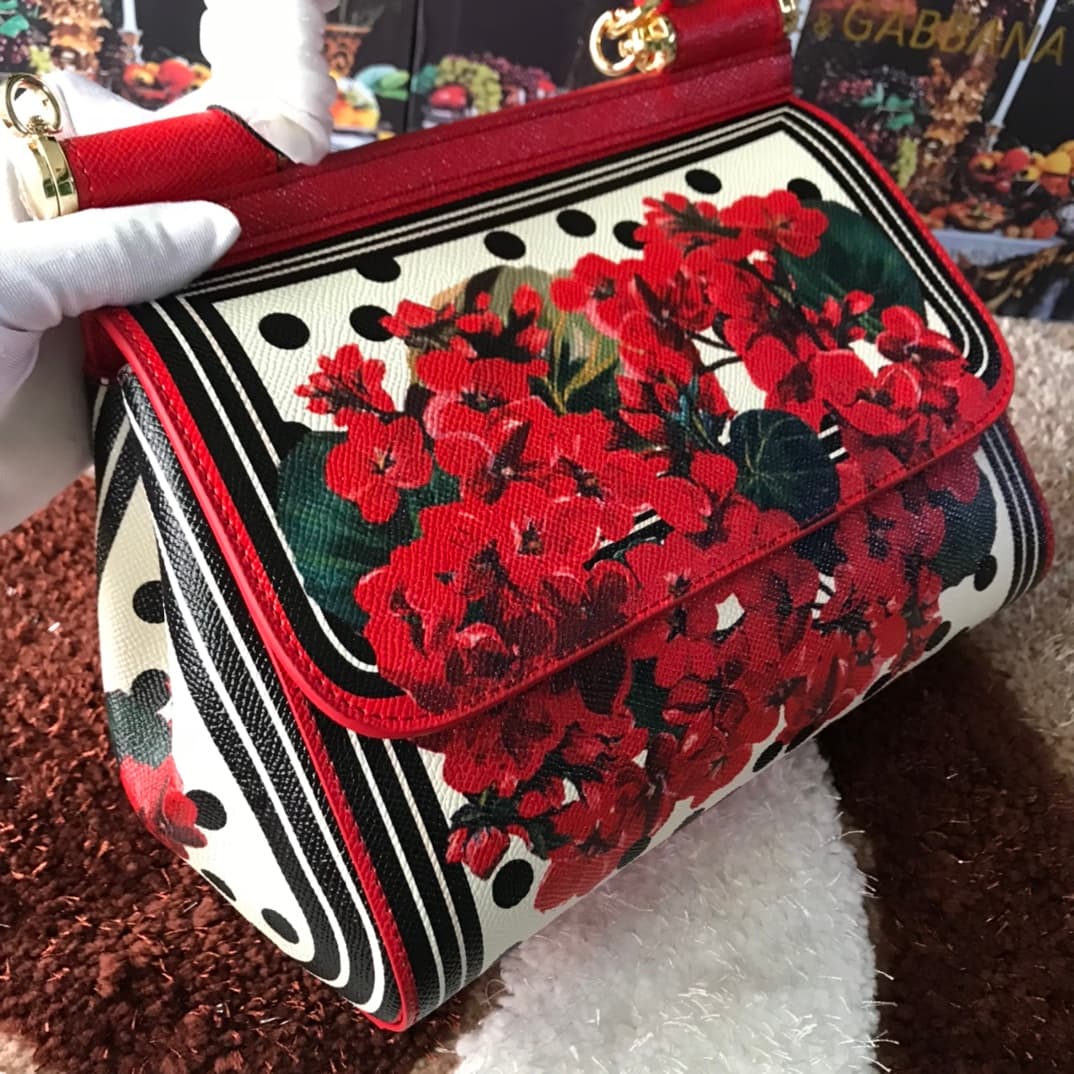 Dolce & Gabbana Miss Sicily top handle bag with embroidered geranium flowers print leather High