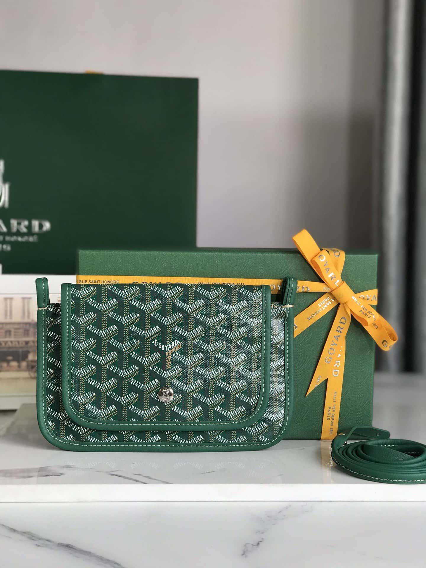 Plumet Pocket Wallet Goyardine Canvas & Chevroches Calfskin Green High