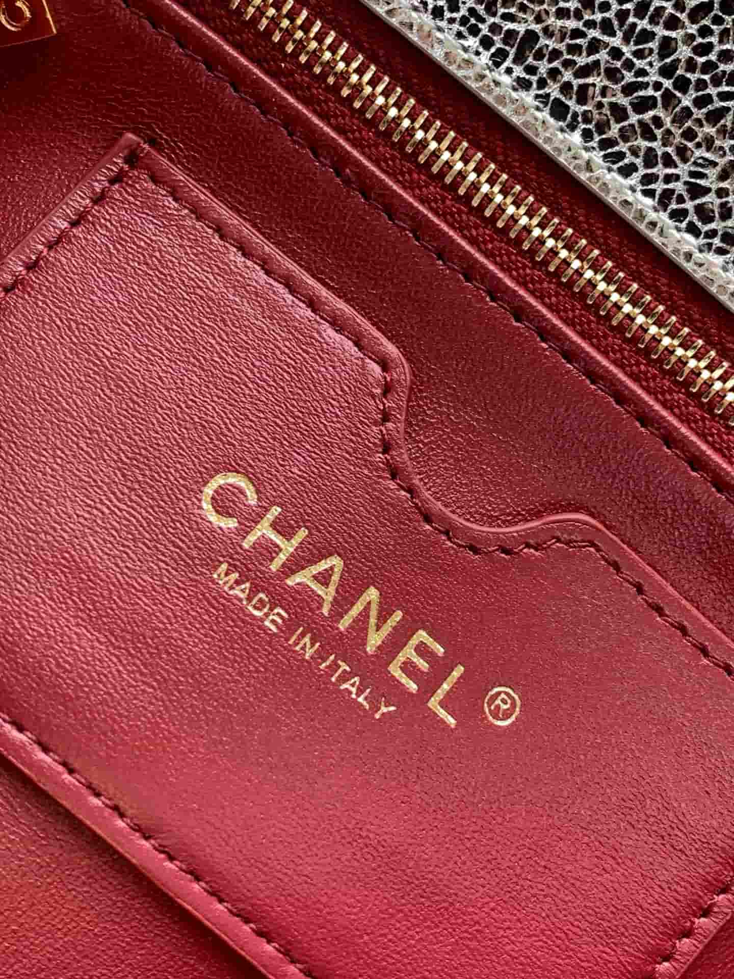 Chanel Flap Bag with Top Handle Metallic Chevron Calfskin Leather Finish& Gold-Tone Metal Silver AS6044 A