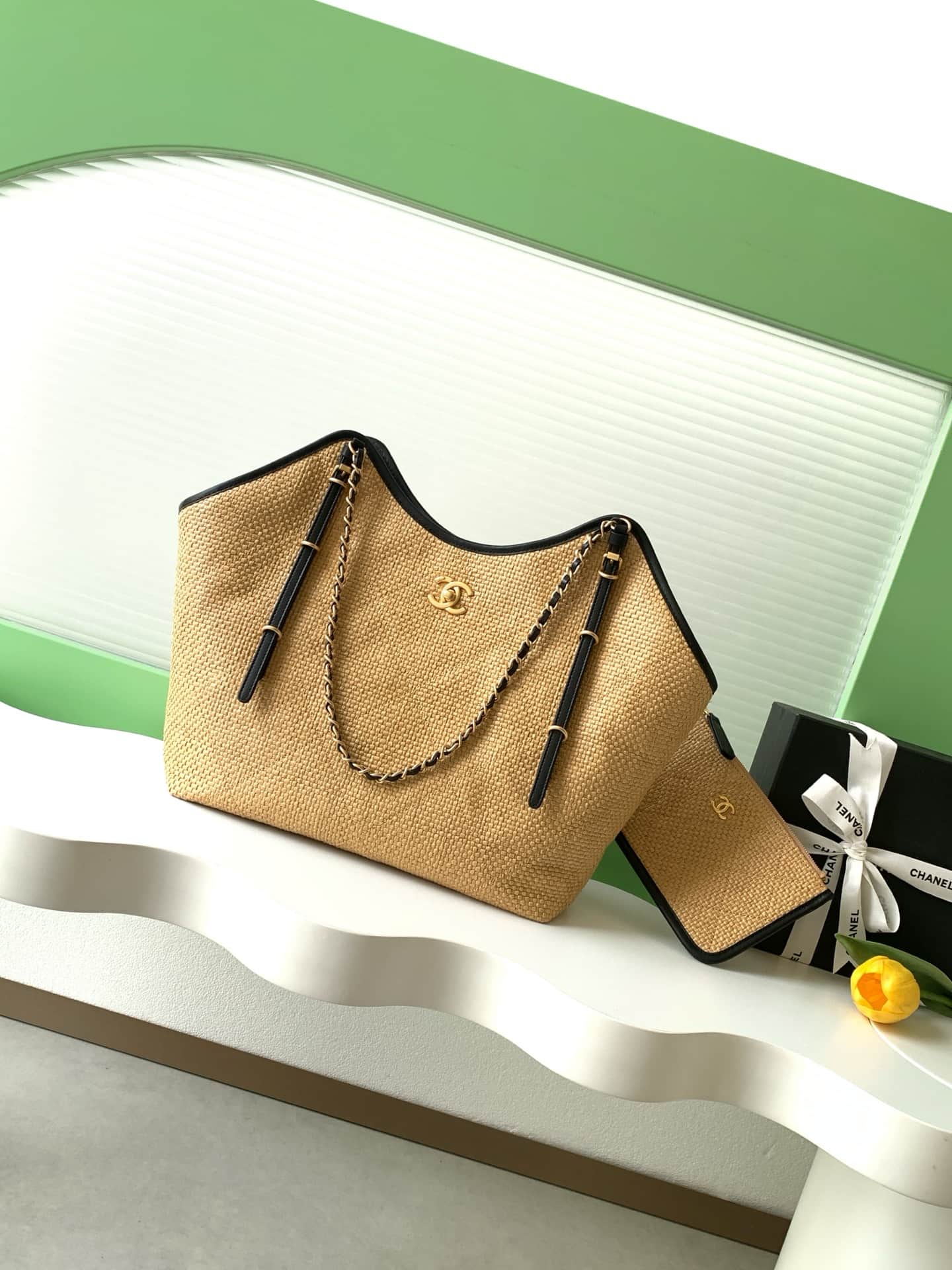 Chanel Shopping Bag Braided Raffia Calfskin & Gold-Tone Metal Beige & Black  AS5466 A