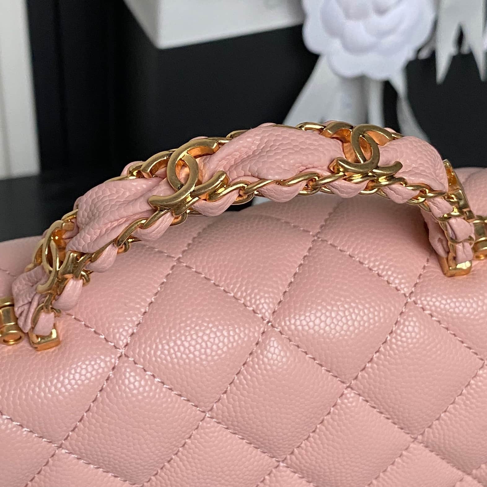 Chanel Mini Flap Bag with Top Handle Grained Shiny Calfskin & Gold-Tone Metal Light Pink AS5701 A